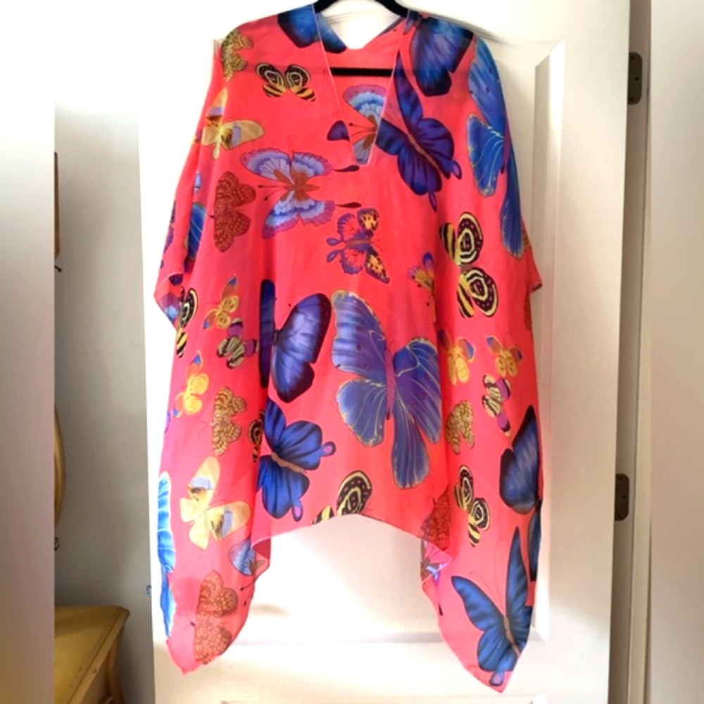 Butterfly blouse or coverup pink purple gold brown beautiful art work sh…